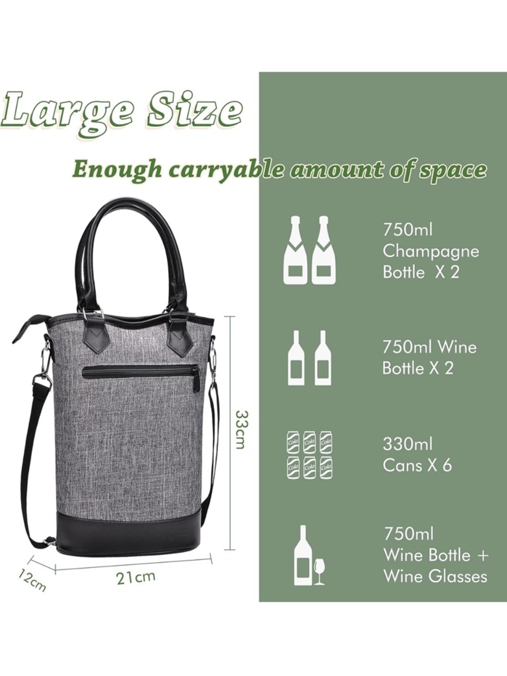Insulated Gray Wine Tote Bag with Black Trim - Picture 2 of 5